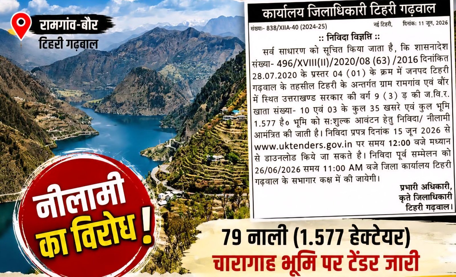 टिहरी झील के किनारे 79 नाली चारागाह भूमि की नीलामी का विरोध,क्या भू-माफियाओं को लाभ पहुंचाने की तैयारी…?
