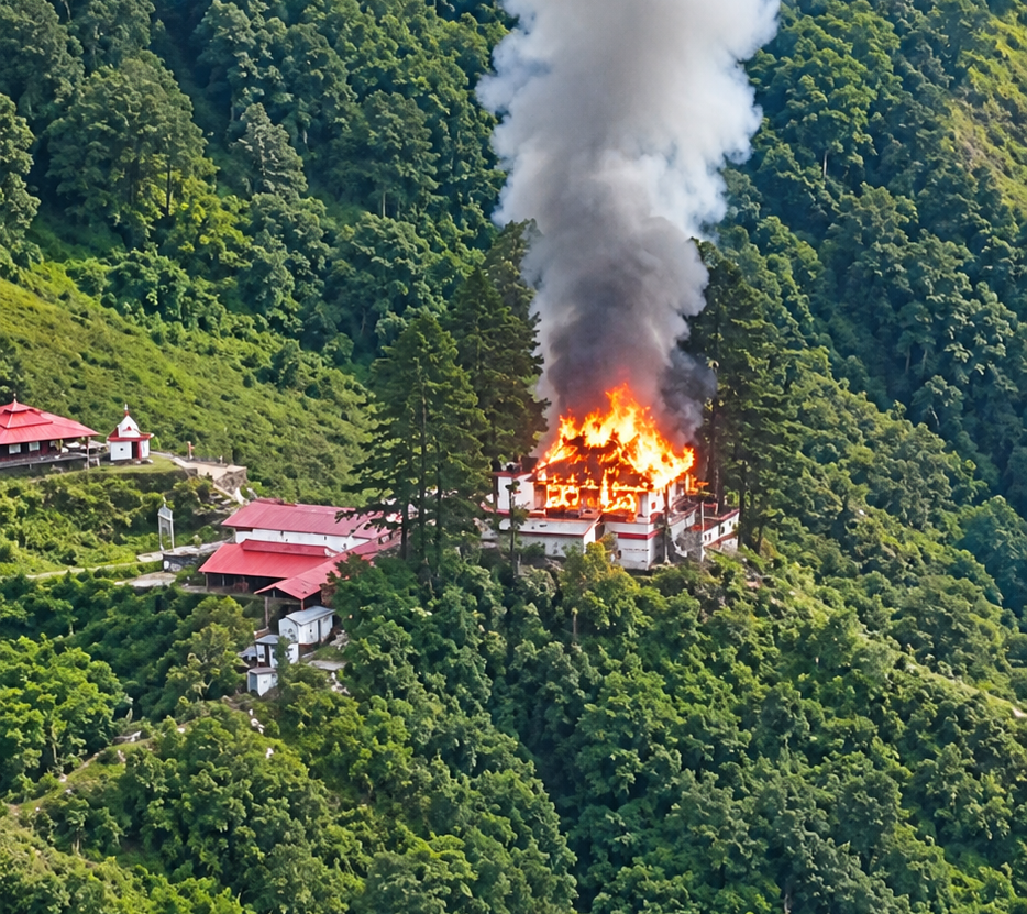 बागेश्वर के कपकोट में नवरात्रि के बीच बदियाकोट भगवती मंदिर में लगी भीषण आग।